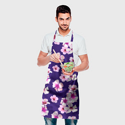 Фартук кулинарный Цветы Розовые Гибискус На Синем Фоне, цвет: 3D-принт — фото 2