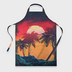 Фартук кулинарный Пальмы и пляж на закате с помехами VHS ретро дизай, цвет: 3D-принт