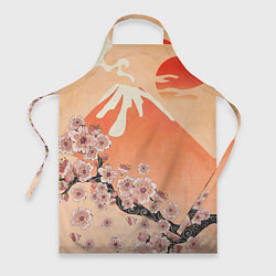 Фартук кулинарный Ветка цветущей сакуры и вулкан, цвет: 3D-принт