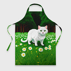 Фартук кулинарный Белый кот на лугу пиксель арт, цвет: 3D-принт