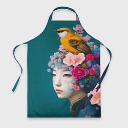 Фартук кулинарный Японка с птицей на фоне цветущей сакуры, цвет: 3D-принт