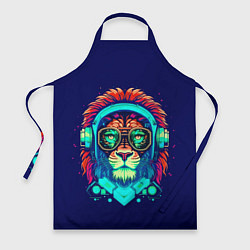 Фартук кулинарный Лев в наушниках киберпанк синий, цвет: 3D-принт