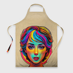 Фартук кулинарный Девушка с разноцветными волосами на клетчатом фоне, цвет: 3D-принт