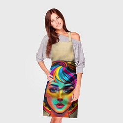 Фартук кулинарный Девушка с разноцветными волосами на клетчатом фоне, цвет: 3D-принт — фото 2