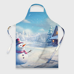 Фартук кулинарный Новогодний пейзаж снеговик, цвет: 3D-принт