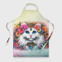 Фартук кулинарный Белый кот с голубыми глазами в цветах, цвет: 3D-принт