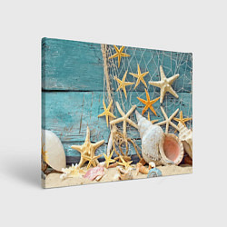 Картина прямоугольная Натюрморт из сети, морских звёзд и ракушек - лето