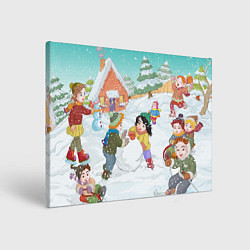 Картина прямоугольная Новогодние каникулы - дети лепят снеговика