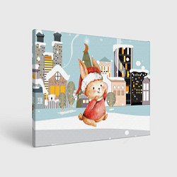 Холст прямоугольный Зайчик на фоне новогоднего города, цвет: 3D-принт