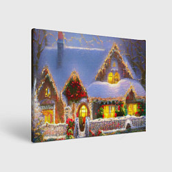 Холст прямоугольный Украшенный новогодний коттедж и снежные сугробы, цвет: 3D-принт