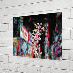 Холст прямоугольный Ветка сакуры на фоне ночного Токио - glitch, цвет: 3D-принт — фото 2