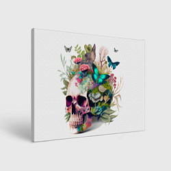 Картина прямоугольная Красивый череп с листьями и бабочками