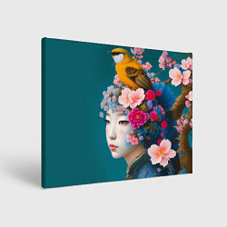 Картина прямоугольная Японка с птицей на фоне цветущей сакуры