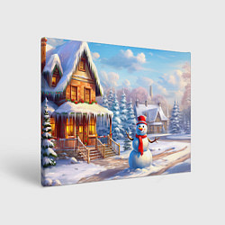 Картина прямоугольная Новогодняя деревня и снеговик