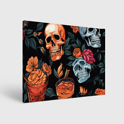 Холст прямоугольный Кусты черепов с розами и пионами, цвет: 3D-принт