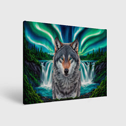 Картина прямоугольная Серый волк стоящий перед водопадом под северным си