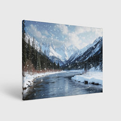 Холст прямоугольный Снежный горный пейзаж с елями и рекой, цвет: 3D-принт