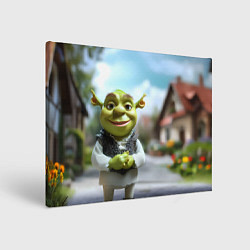 Холст прямоугольный Маленький Шрек на фоне деревни, цвет: 3D-принт