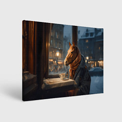 Холст прямоугольный Лошадь в кафе ищет новогоднее настроение, цвет: 3D-принт