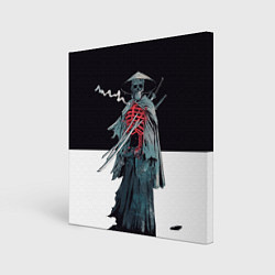 Холст квадратный Скелет Самурай с трубкой на черно белом фоне, цвет: 3D-принт