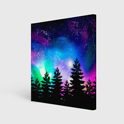 Картина квадратная Космический лес, елки и звезды