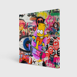 Холст квадратный Скейтбордист Барт Симпсон на фоне стены с граффити, цвет: 3D-принт