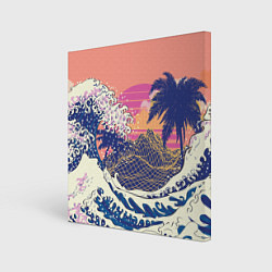 Картина квадратная Ретро дизайн большие волны, пальмы и абстрактные г