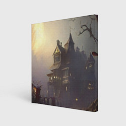 Картина квадратная Хэллоуин, дом с привидениями и полная луна