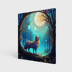 Картина квадратная Волк в ночном лесу в folk art стиле