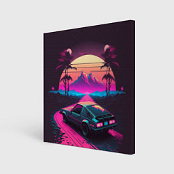 Холст квадратный Synthwave car and mountains, цвет: 3D-принт