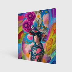 Картина квадратная Девочка с птицами среди цветов - мскусство