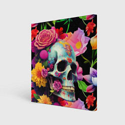 Холст квадратный Skull on a background of flowers - irezumi, цвет: 3D-принт