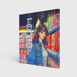 Холст квадратный Crush - ретро девочка-аниме в магазине, цвет: 3D-принт