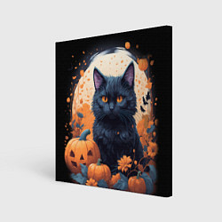 Холст квадратный Котик и тыквы - хеллоуин, цвет: 3D-принт