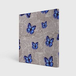 Холст квадратный Газетные обрывки и синие бабочки, цвет: 3D-принт