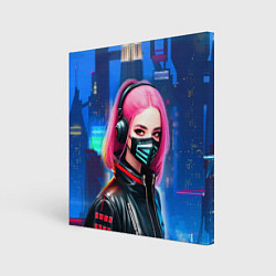 Картина квадратная Девушка с розовыми волосами - киберпанк