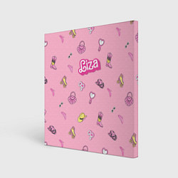 Холст квадратный Лиза - в стиле барби: аксессуары на розовом паттер, цвет: 3D-принт