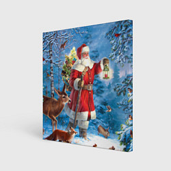 Картина квадратная Дед Мороз в лесу с животными
