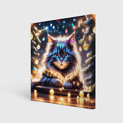 Картина квадратная Кот с гирляндой среди новогодних украшений