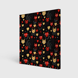 Холст квадратный Паттерн с сердечками и котами валентинка, цвет: 3D-принт