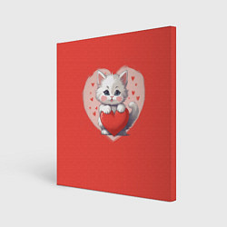 Картина квадратная Мультяшный котенок держит красное сердечко