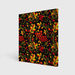 Холст квадратный Хохломская роспись золотистые листья чёрном фоне, цвет: 3D-принт