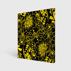 Холст квадратный Хохломская роспись золотые цветы на чёроном фоне, цвет: 3D-принт