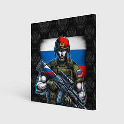 Холст квадратный Русский солдат на фоне флага, цвет: 3D-принт