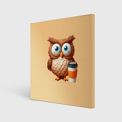 Картина квадратная Растрепанная сова со стаканчиком кофе