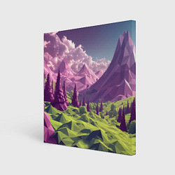 Картина квадратная Геометрический зеленый пейзаж и фиолетовые горы