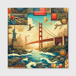 Холст квадратный Мост через реку и пэчворк - нейросеть арт USA brid, цвет: 3D-принт — фото 2