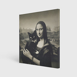 Картина квадратная Мона Лиза держит кота в черно белом цвете