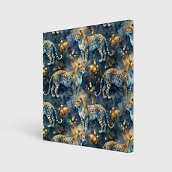Картина квадратная Леопард и золотые капли на синем фоне