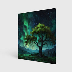 Картина квадратная Северное сияние и дерево